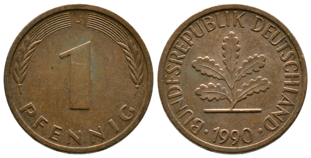 ФРГ 1 ПФЕННИГ 1990 J KM 105, J.380 сталь плакированная медью 179-1015