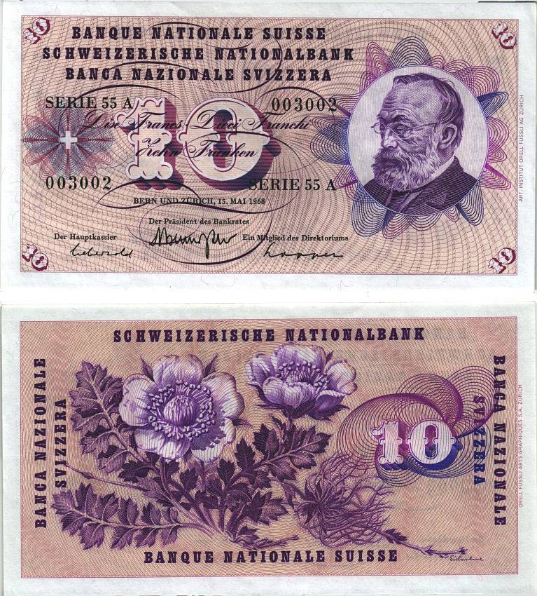 Швейцария 10 франков 1968 15 мая 1968, серия 55 А, подпись 42, Готфрид Келлер Pick 45 n бумага aUNC 8606-12-1-2