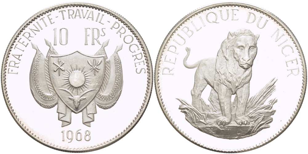 Нигер 10 франков 1968 лев, без черты над Е, в слове Republique KM 8.2 серебро PROOF 1080-3-64