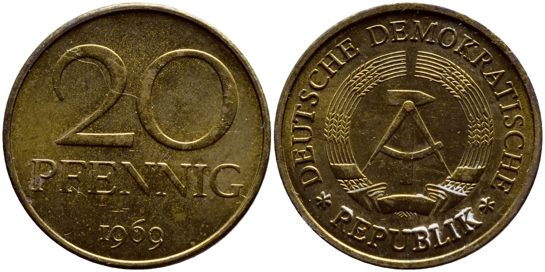 ГДР 20 пфеннигов 1969 А, первый год KM 11 латунь UNC 4398-1033
