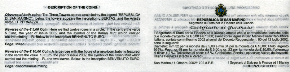 Сан-Марино набор 5 евро + 10 евро 2002 добро пожаловать евро, в оригинальной коробке, с сертификатом KM 448, 449 серебро PROOF 7-1-67