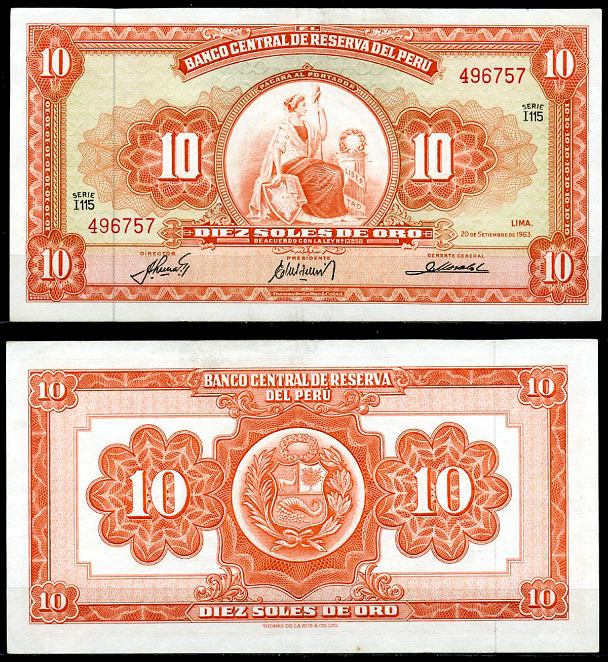 Перу 10 солей 1963 сидящая свобода, Thomas de la Rue Pick 84 a  бумага  аUNC  444-141-1-2