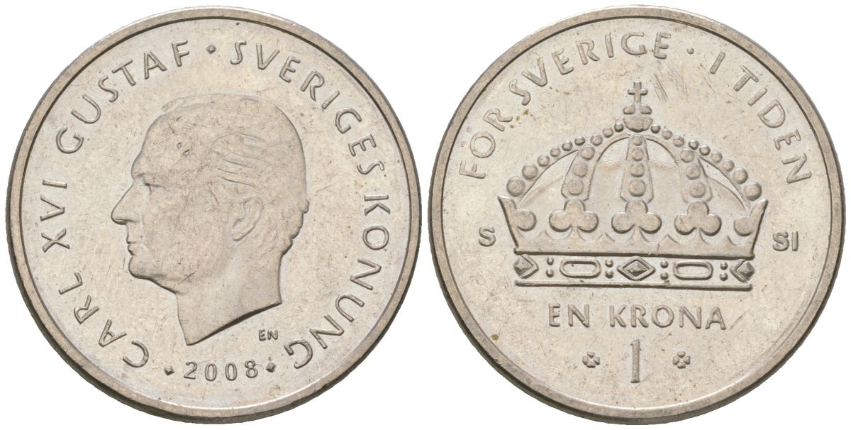 Швеция 1 крона 2008 SI, Карл XVI Густав (1973-) KM 894 медно-никель 4616-953