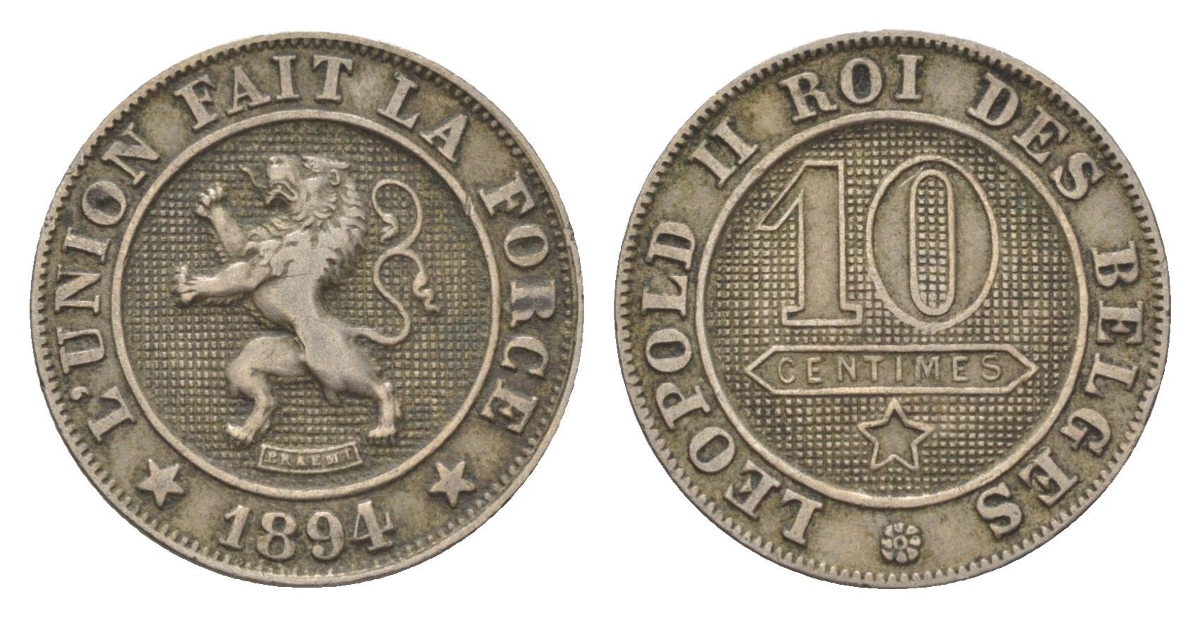 Бельгия 10 сантимов 1894 Belges, Леопольд II (1865-1909) KM 42 медно-никель 4623-1121