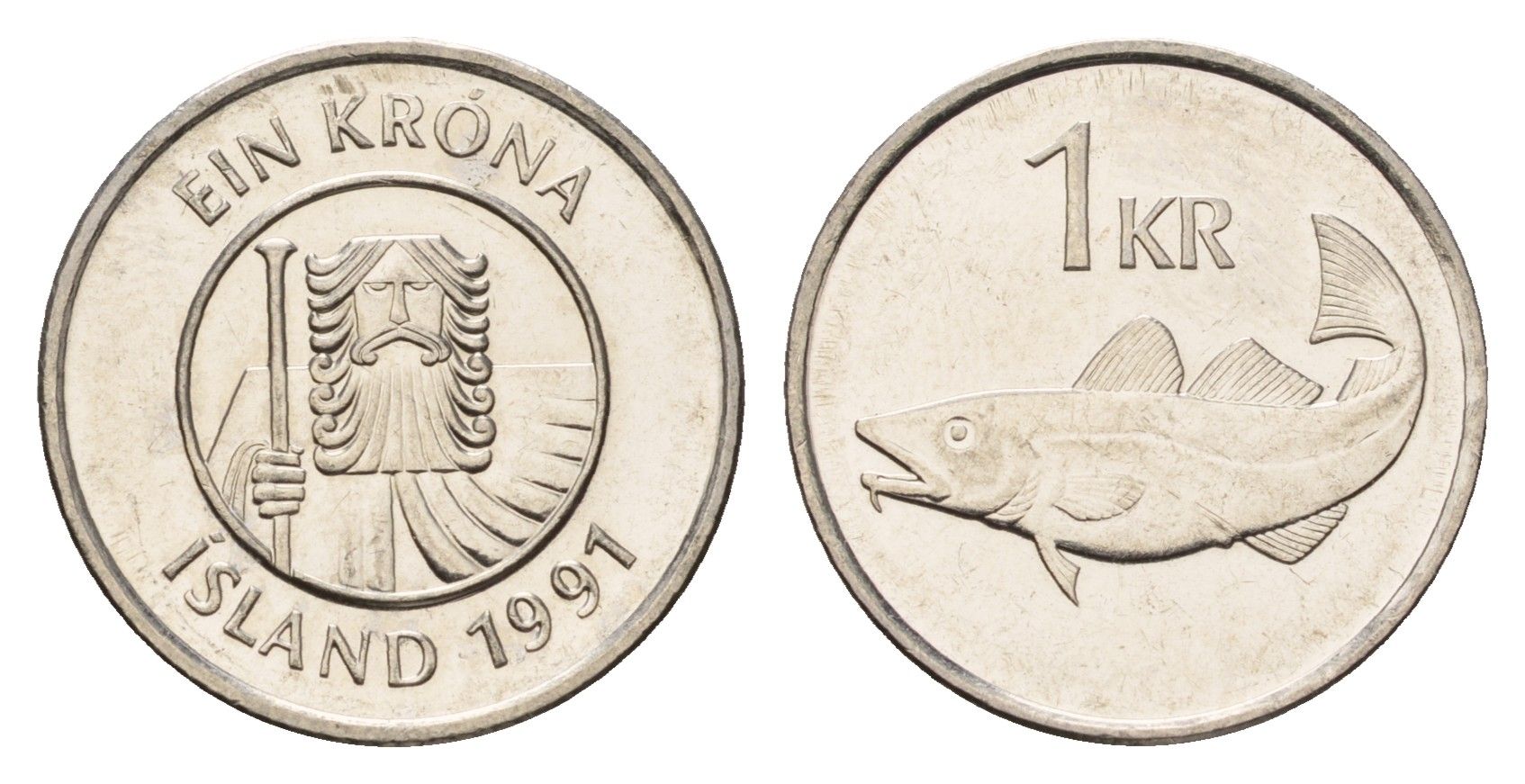 Исландия 1 крона 1991 треска KM 27a сталь плакированная никелем UNC 4691-551