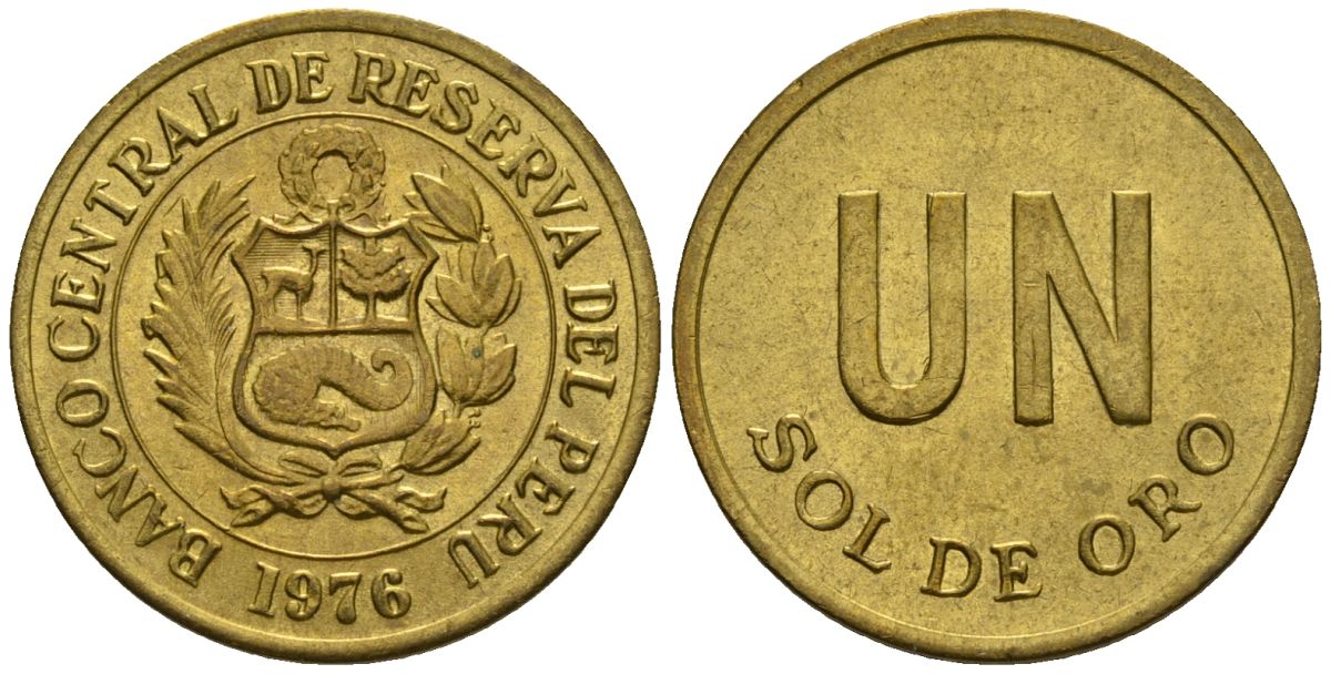 Перу 1 соль 1976 KM 266.1, Schoen 66 латунь UNC 4514-547