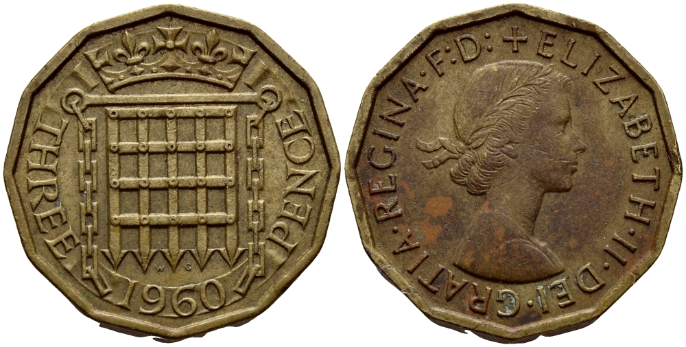Великобритания 3 пенса 1960 Елизавета II (1952-2022) KM 900, Spink 4153 никель латунь 4393-722