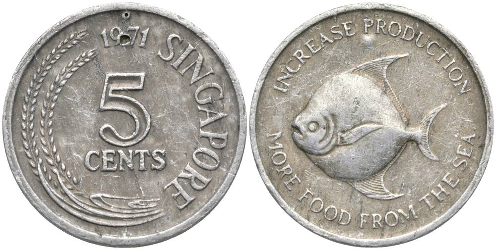 СИНГАПУР 5 ЦЕНТОВ 1971 FAO, РЫБА KM 31 алюминий 55-157