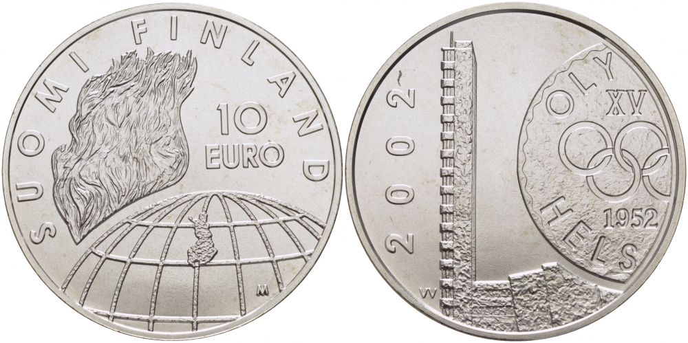 Финляндия 10 евро 2002 50 лет Олимпиаде 1952 года в Хельсинки KM 107 серебро UNC 1077-7-33