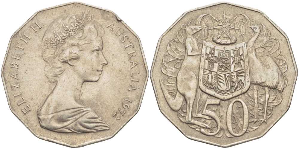 Австралия 50 центов 1972 Елизавета II (1952-2022), герб Австралии, кенгуру KM 68 медно-никель 107-112