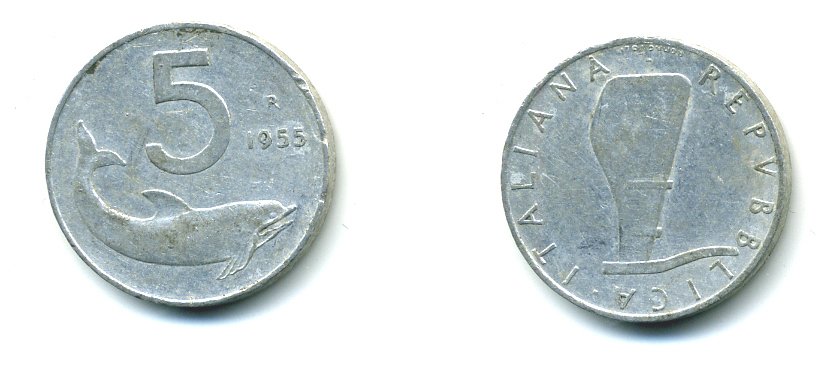 ИТАЛИЯ 5 ЛИР 1955 R, РУЛЬ, ДЕЛЬФИН KM 92 алюминий 23-1125