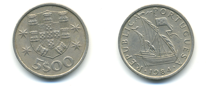 ПОРТУГАЛИЯ 5 ЭСКУДО 1984 ПАРУСНИК KM 591 медно-никель 3999-835