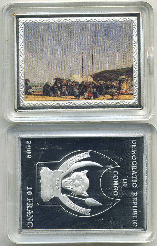 Конго 10 франков 2009 серия шедевры мировой живописи, ЭЖЕН БУДЕН, ГАВАНЬ И ВЕРФЬ В ТРУВИЛЕ, серебрение, размер 35Х46 мм., цветная эмаль медно-никель PROOF M43-5