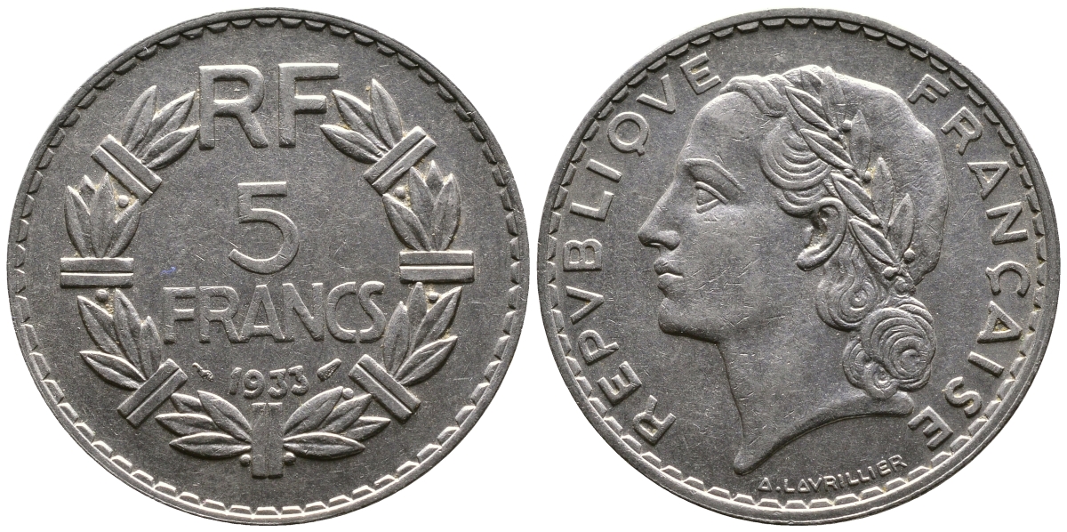 ФРАНЦИЯ 5 ФРАНКОВ 1933 KM 888 никель 93-543