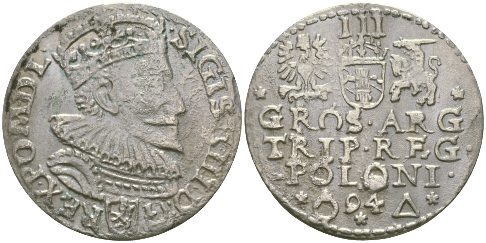ПОЛЬША (ЛИТВА) 3 ГРОША 1594 СИГИЗМУНД III ВАЗА, КОРОЛЬ ПОЛЬШИ, ВЕЛИКИЙ КНЯЗЬ ЛИТОВСКИЙ, РУССКИЙ, ПРУССКИЙ, КОРОЛЬ ШВЕДСКИЙ (1587-1632) Gumowski 1021, Kopicki 3523 серебро 99-912