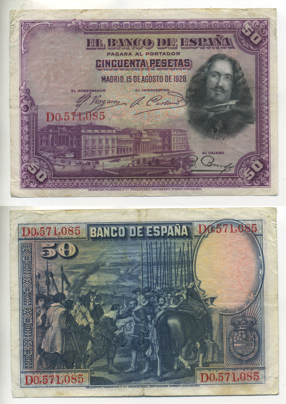 ИСПАНИЯ 50 ПЕСЕТ 1928 D 0571085, МУЗЕЙ ПРАДО В МАДРИДЕ, ДИЕГО ВЕЛАСКЕС Pick 75b бумага 6287-51-3-1