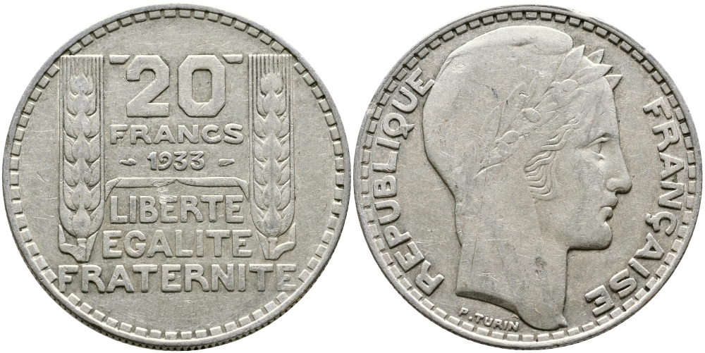 Франция 20 франков 1933 Пьер Тюрен KM 879, Le Franc 400.3 серебро 441-1641