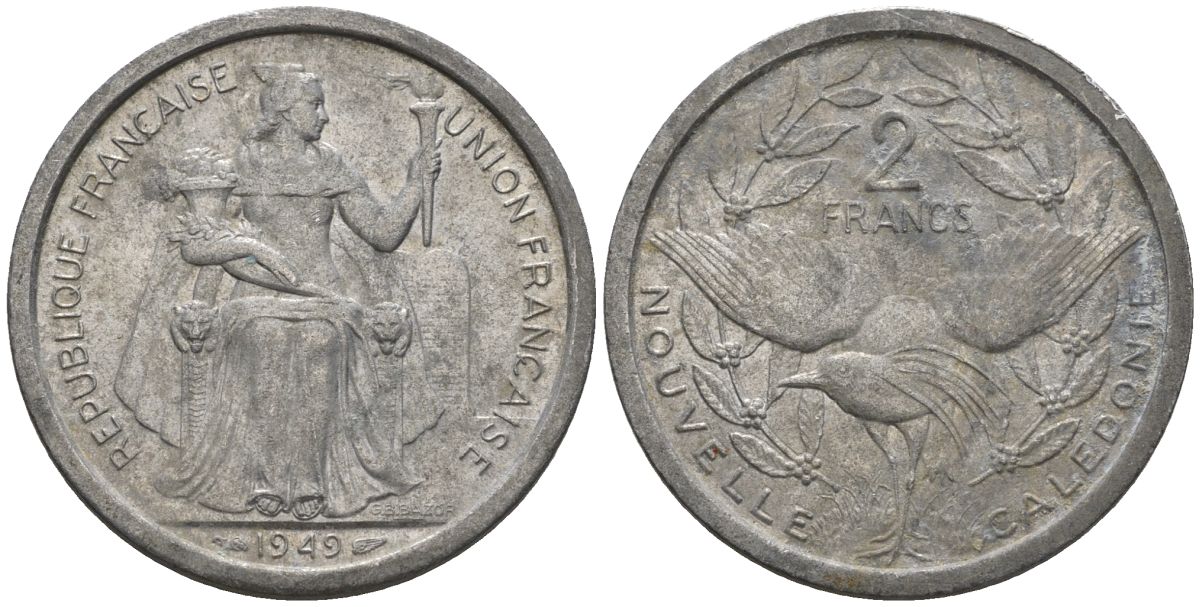 Французская Новая Каледония 2 франка 1949 птица кагу, (IEOM) KM 3, Schoen 3, Lec 55 алюминий    08-441