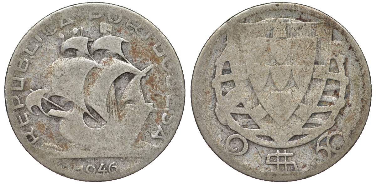 ПОРТУГАЛИЯ 2,50 ЭСКУДО 1946 KM 590 серебро 4178-339