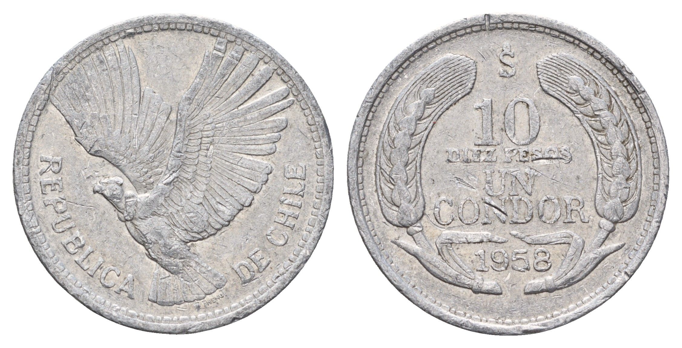 Чили 10 песо 1958 KM 181 алюминий 4700-1155