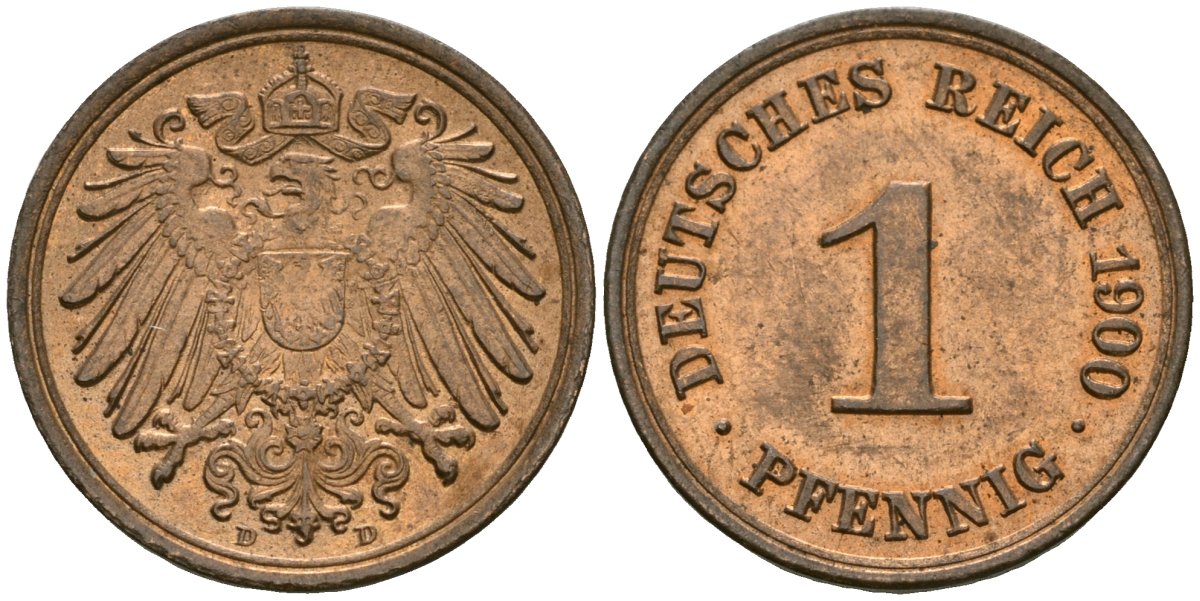 Германия 1 пфенниг 1900 D, Вильгельм II (1888-1918) KM 10, J. 10 медь 4608-568