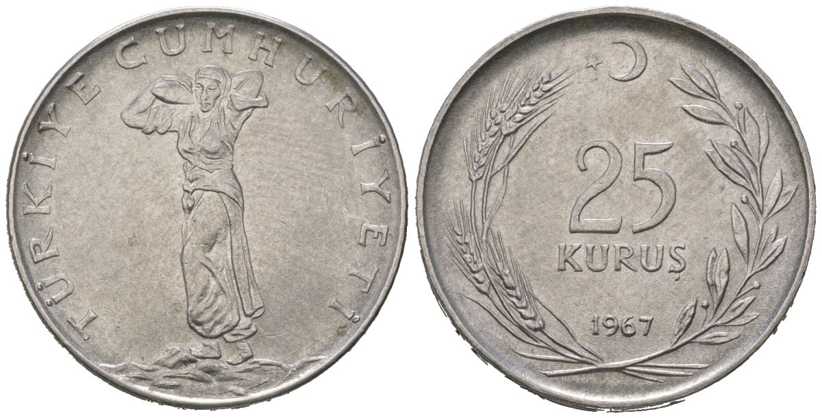 Турция 25 курушей 1967 KM 892.3 нержавеющая сталь UNC 4620-455