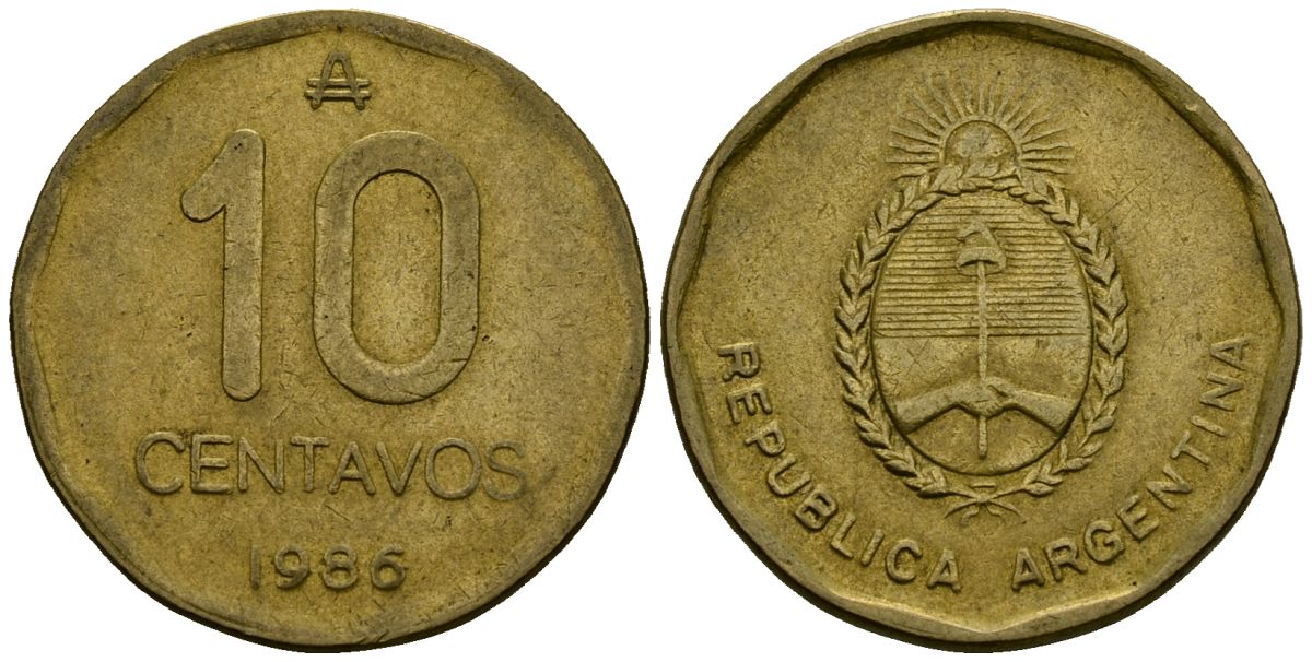 Аргентина 10 сентаво 1986 герб KM 98 латунь 4167-317