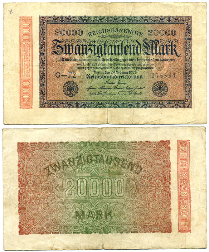 ГЕРМАНИЯ 20000 МАРОК 1923 20 ФЕВРАЛЯ 1923, ВОДЯНОЙ ЗНАК L Pick 85a бумага 7547-84-3-2