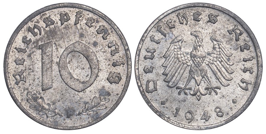 ГЕРМАНИЯ 10 РЕЙХСПФЕННИГОВ 1948 F, ОККУПАЦИЯ ГЕРМАНИИ СОЮЗНЫМИ ВОЙСКАМИ KM A 104 цинк aUNC 02-264-53