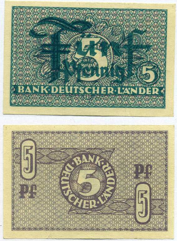 ФРГ 5 ПФЕННИГОВ 1948 BANK DEUTSCHER LANDER Pick 11a, Rosenberg 250а бумага UNC (ПРЕСС) 8613-14-1-2