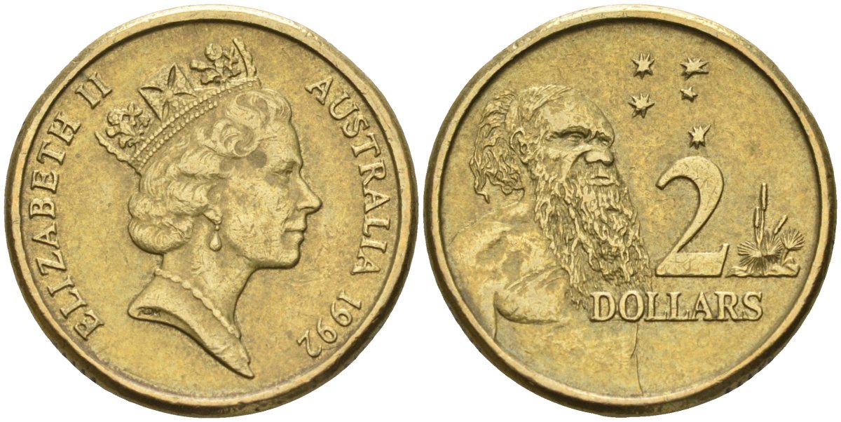 Австралия 2 доллара 1992 абориген, Елизавета II (1953-) KM 101 алюминиевая бронза 4126-1053