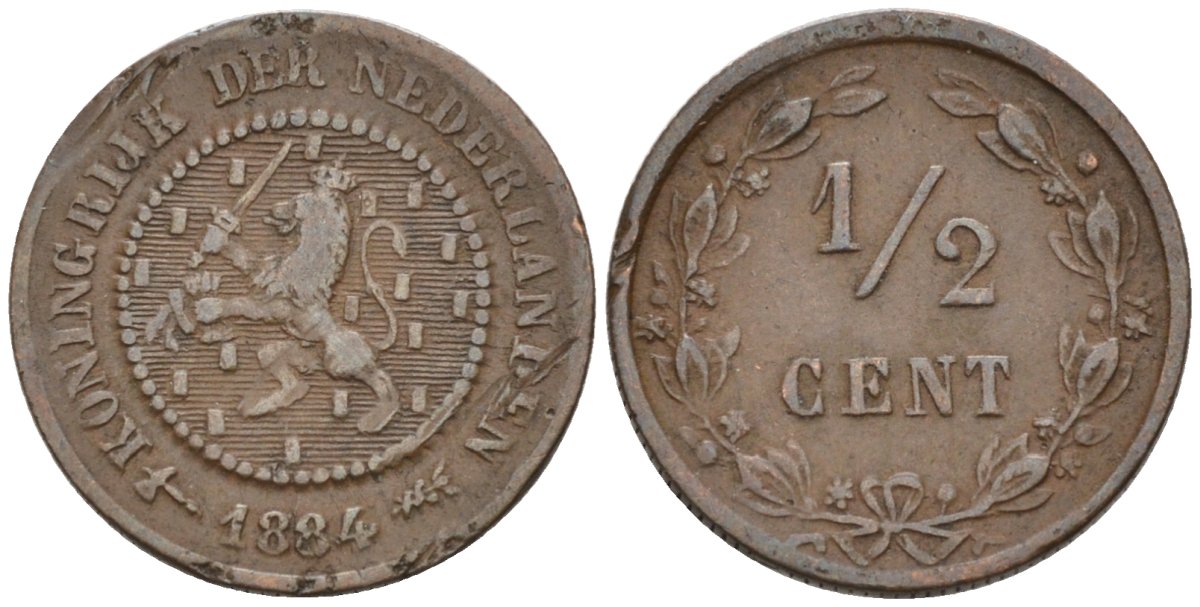 Нидерланды 1/2 цента 1884 Виллем III (1849-1890) KM 109 бронза 4576-262