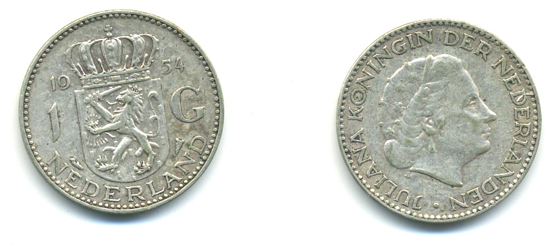 Нидерланды 1 гульден 1954 Юлиана (1948-1980) KM 184 серебро 83-736