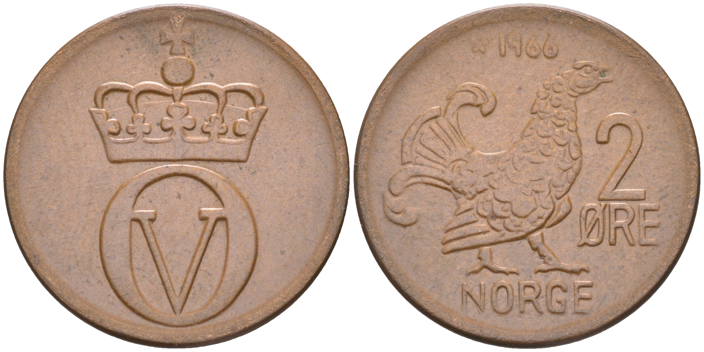 НОРВЕГИЯ 2 ЭРЕ 1966 КУРИЦА, ОЛАФ V (1957-1991) KM 410 бронза 98-812