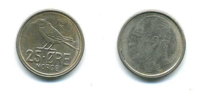 Норвегия 25 эре 1969 Улаф V (1958-1991), синица KM 407 медно-никель 4364-951