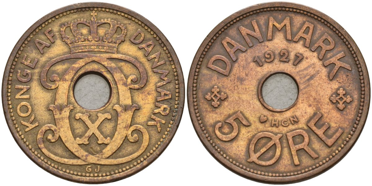 Дания 5 эре 1927 Кристиан X (1912-1947) KM 828 бронза 4148-214