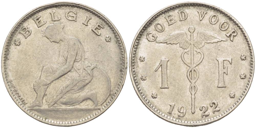 БЕЛЬГИЯ 1 ФРАНК 1922 BELGIE KM 90 никель 4546-217