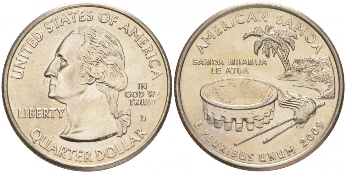 США 25 центов = квотер 2009 D, серия штаты США, Американское Самоа KM 448 медь плакированная медно-никелем UNC M32-18