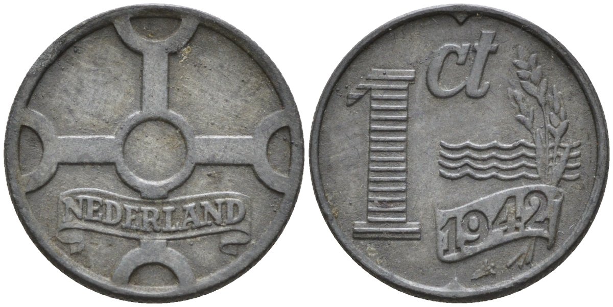 Нидерланды  1 цент 1942 королева Вильгельмина (1890 - 1948) KM 170 цинк 4174-266