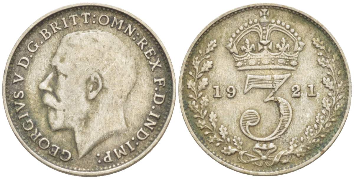Великобритания 3 пенса 1921 Георг V (1910-1936) KM 813а, Spink 4026 серебро 4528-255