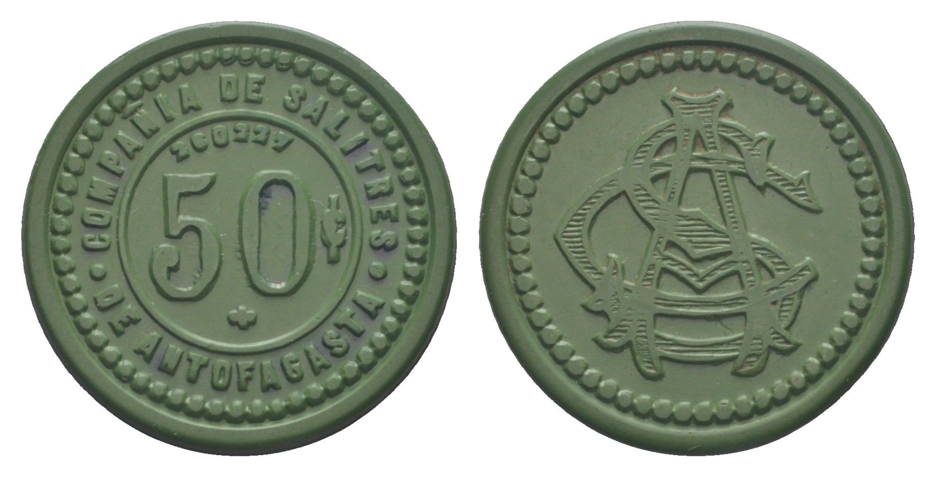 Чили, Антофагаста (Antofagasta) шахтерский жетон с Селитряного рудника для покупки в местных магазинах, номиналом в 50 сентаво около 1904 диаметр 31 мм, вес 2,58 гр Espinosa 22.5 эбонит (зеленый) 1094-4-64