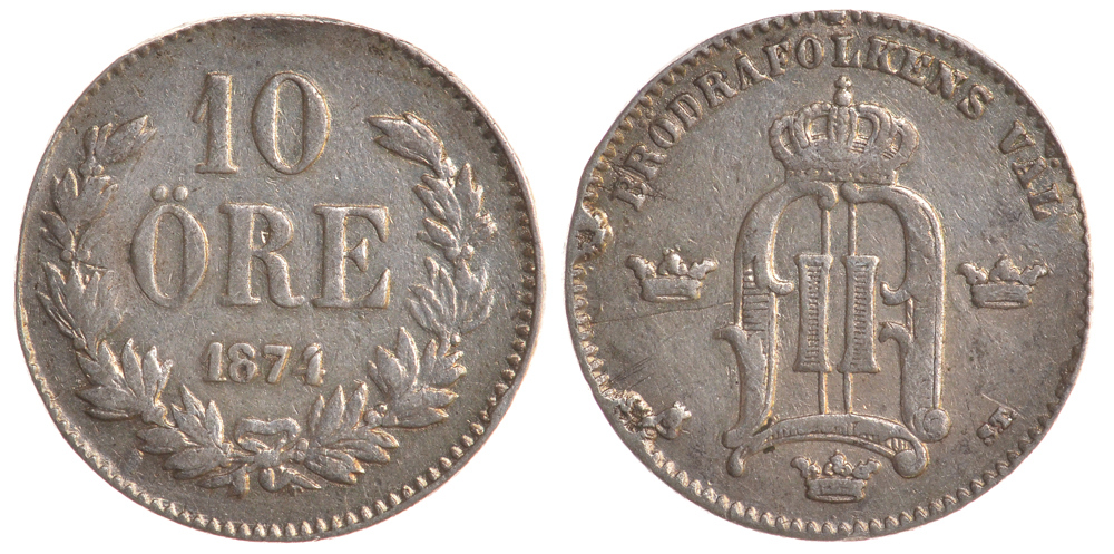 Швеция 10 эре 1874 Оскар II (1872-1907) король Швеции и Норвегии KM 737 серебро 4179-511