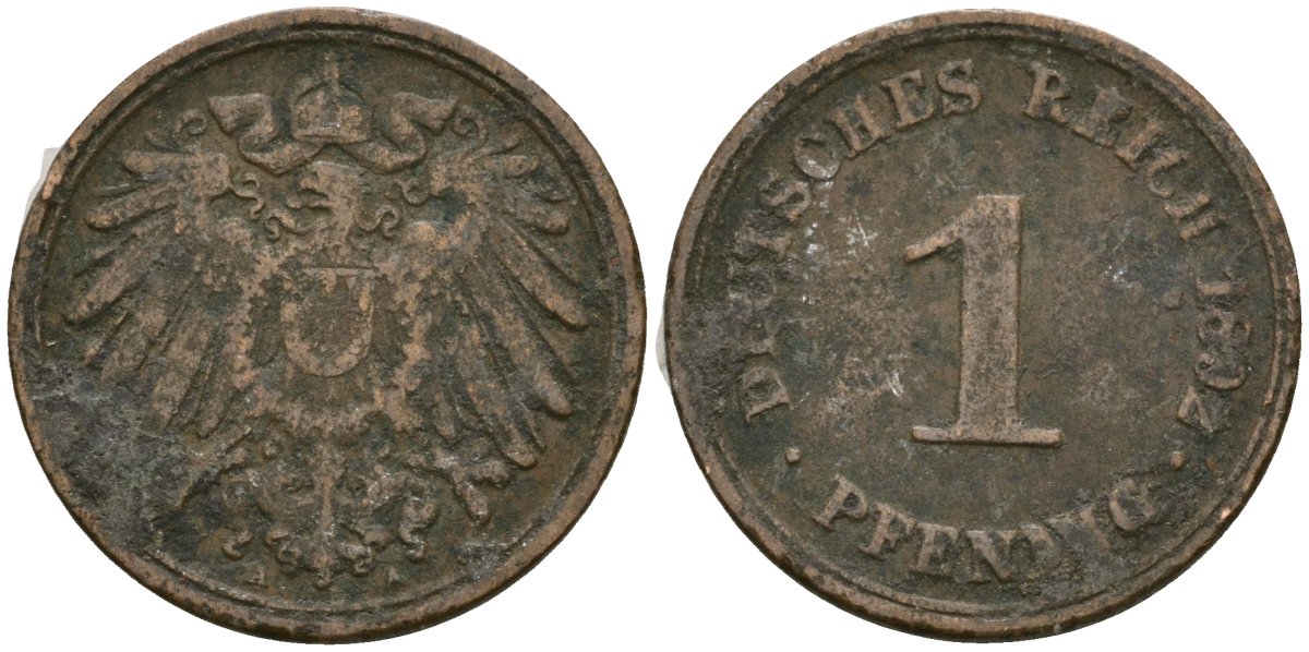 Германия 1 пфенниг 1892 A, Вильгельм II (1888-1918) KM 10, J. 10 медь 3955-553
