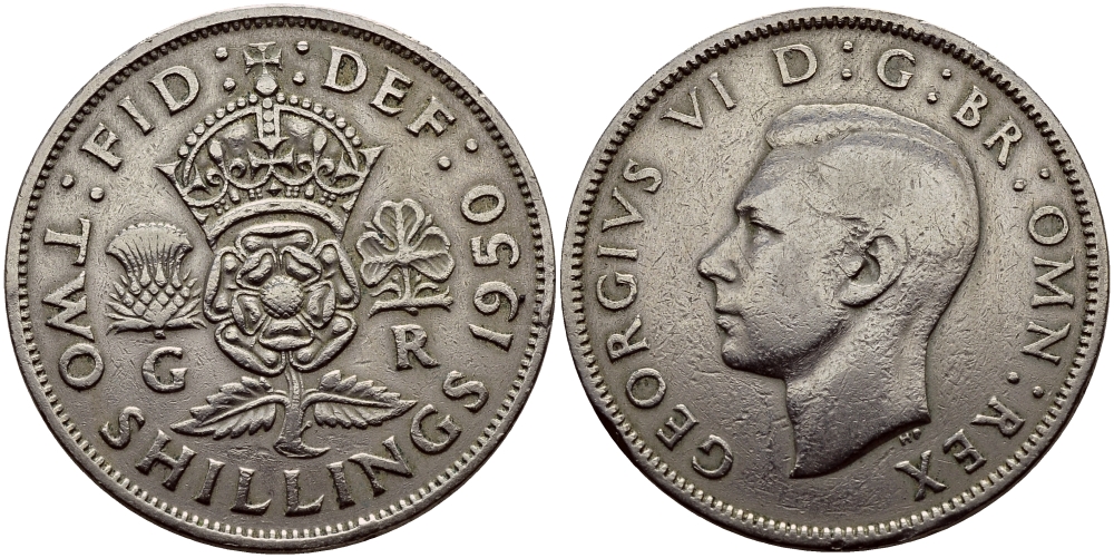 Великобритания 2 шиллинга (флорин) 1950 Георг VI (1936-1952) KM 878, Spink 4107 медно-никель 83-1723