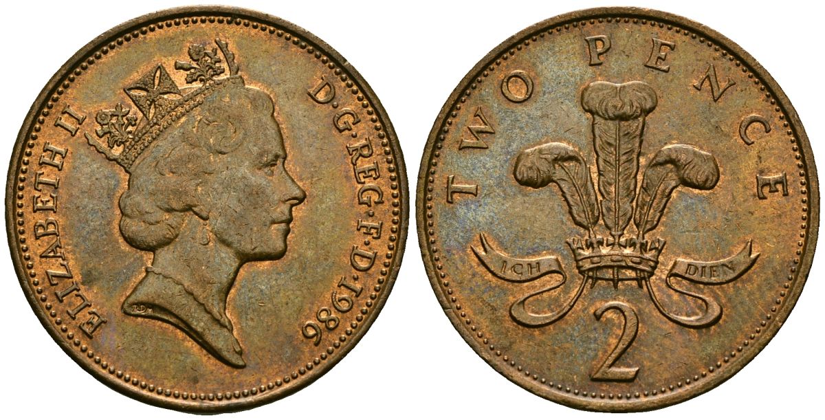 Великобритания 2 пенса 1986 Елизавета II (1952-2022) KM 936, Spink 4376 (C3) бронза 4607-736