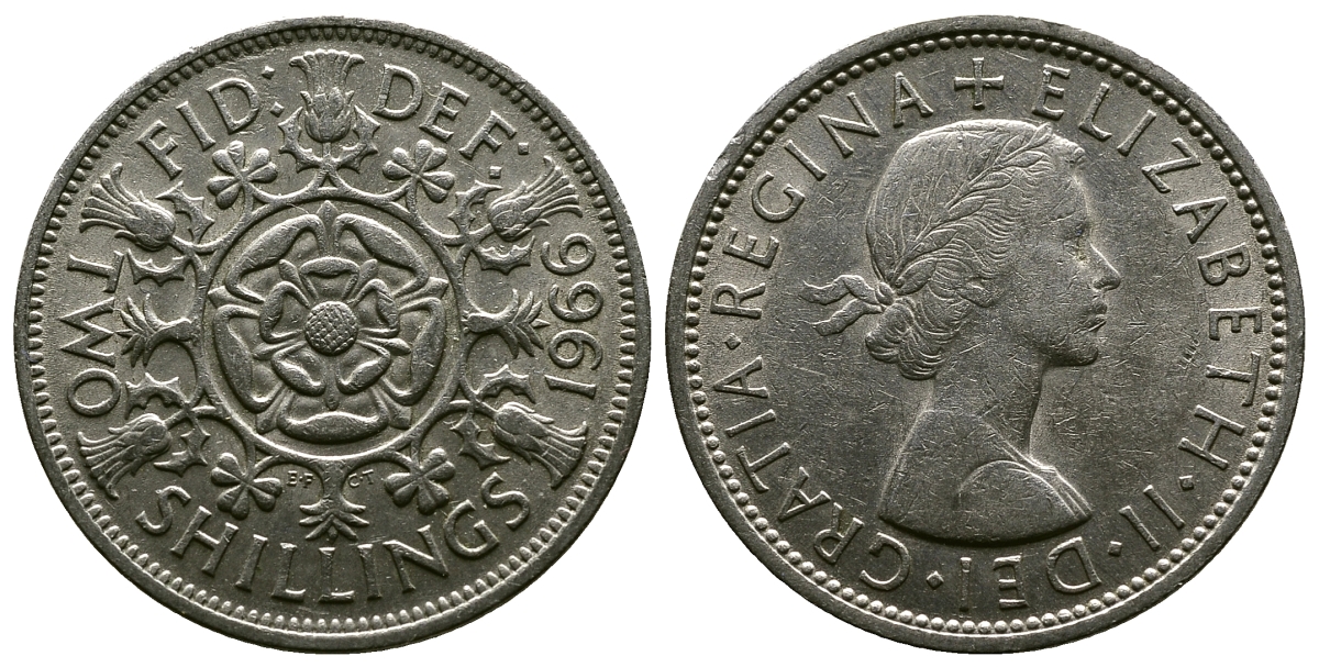 Великобритания 2 шиллинга (флорин) 1966 Елизавета II (1952-2022) KM 906, Spink 4146 медно-никель 4382-634