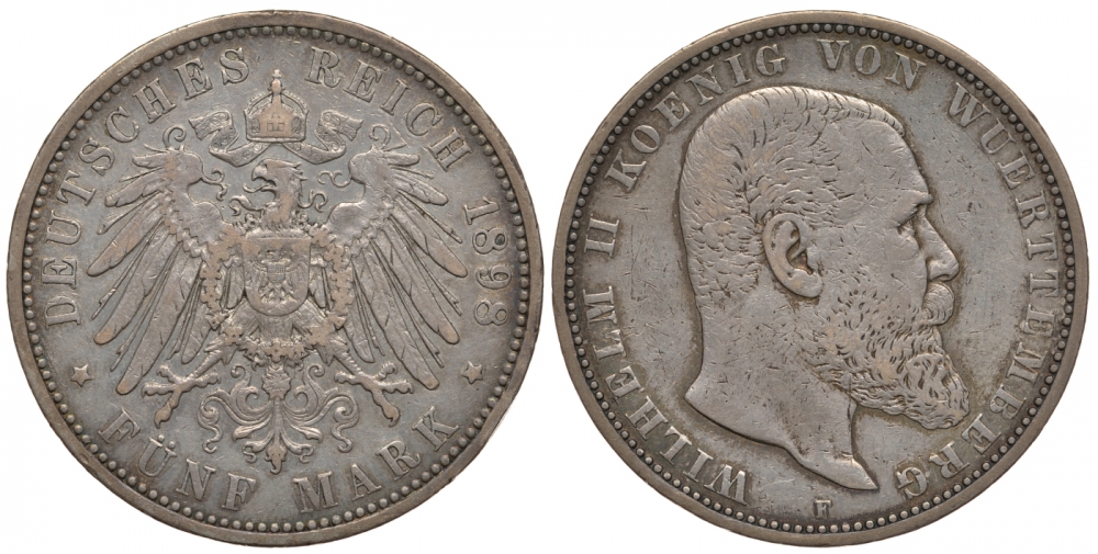 Вюртемберг 5 марок 1898 F, Вильгельм II (1891-1918) Weege 172, J. 176, KM 632 серебро 00-1067-1-34