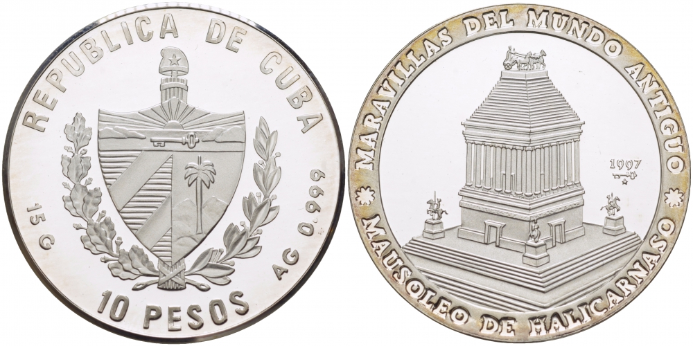 Куба 10 песо 1997 серия семь чудес света, мавзолей в Галикарнасе KM 599 серебро  PROOF 1074-6-14