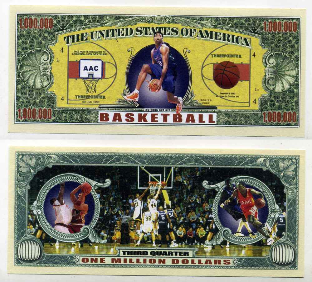 США 1000000 ДОЛЛАРОВ 2002 СУВЕНИРНАЯ БАНКНОТА, БАСКЕТБОЛ бумага UNC (ПРЕСС) 8588-15-1-2