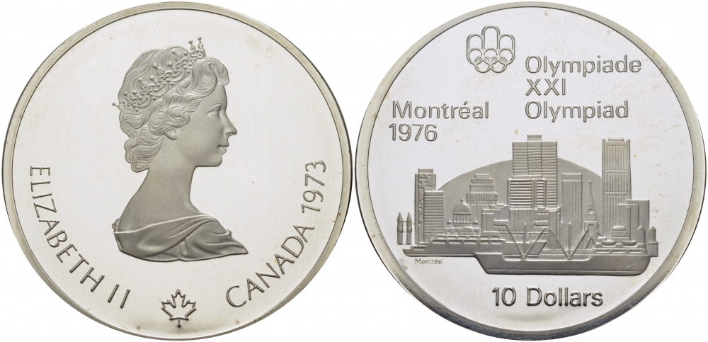 Канада 10 долларов 1973 XXI летние Олимпийские игры в Монреале 1976 года, вид на город KM 87 серебро PROOF 00-00